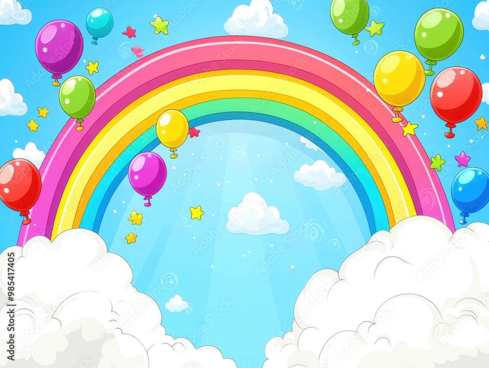 Vibrant Cartoonish Rainbow Background with Playful Balloons and Clouds Vibrant Cartoonish Rainbow Background with Playful Balloons and Clouds