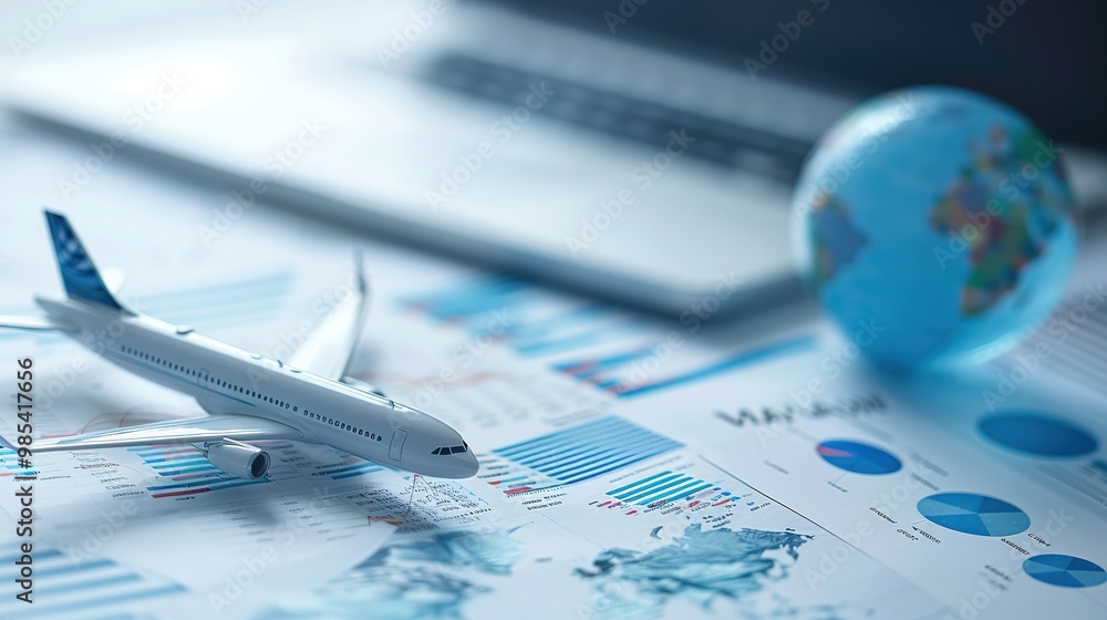 A globe and a model airplane sit atop business documents and charts. Global Impact,corporate growth, international expansion, strategic business moves within the aviation industry,hub and spoke. A globe and a model airplane sit atop business documents and charts. Global Impact,corporate growth, international expansion, strategic business moves within the aviation industry,hub and spoke.
