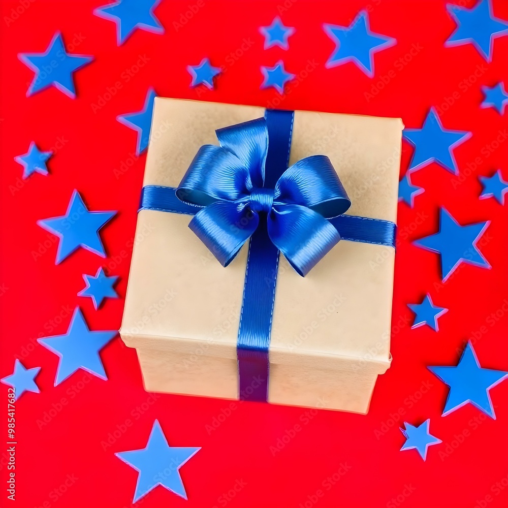 Craft gift box with blue bow on red background with blue stars Holiday concept
Craft gift box with blue bow on red background with blue stars Holiday concept