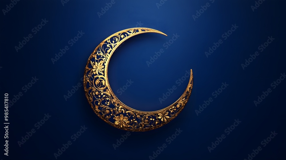 Ornate golden crescent moon on a deep blue background suitable for an eid al fitr Ornate golden crescent moon on a deep blue background suitable for an eid al fitr