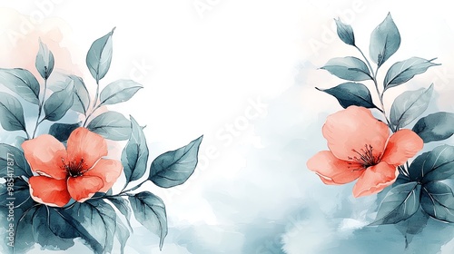 Watercolor floral illustration with red flowers and green leaves on a white background.