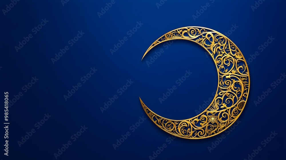 Ornate golden crescent moon on a deep blue background suitable for an eid al fitr Ornate golden crescent moon on a deep blue background suitable for an eid al fitr