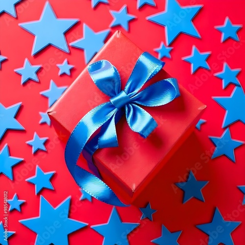 Craft gift box with blue bow on red background with blue stars Holiday concept
