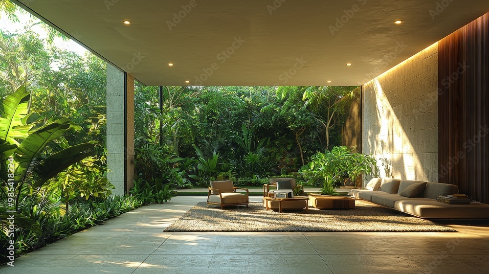 Fototapeta premium Modern Tropical Living Room with Large Windows and Lush Greenery