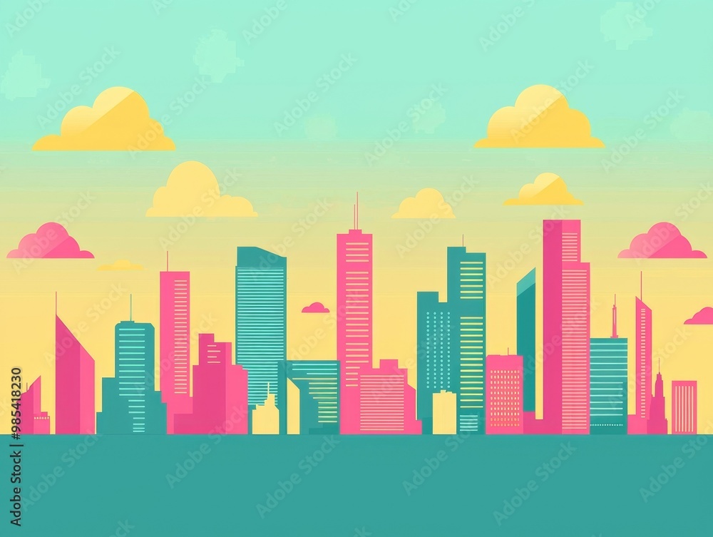 Vibrant Futuristic City Skyline with Geometric Skyscrapers and Vibrant Colorful Backdrop Vibrant Futuristic City Skyline with Geometric Skyscrapers and Vibrant Colorful Backdrop