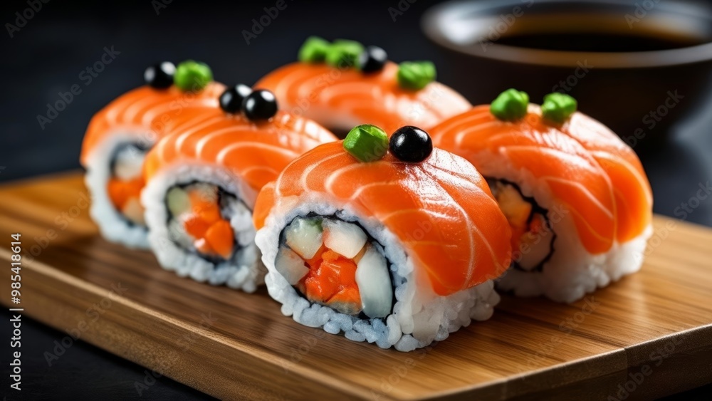 Deliciously crafted sushi rolls ready to be savored Deliciously crafted sushi rolls ready to be savored