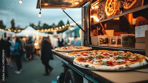 Delicious Fusion Pizzas Served from Food Truck at Vibrant Market. photo