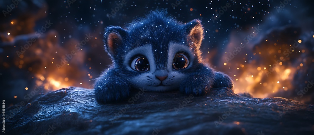 Adorable blue fluffy animal with big eyes sitting on a rock in front of warm light. Adorable blue fluffy animal with big eyes sitting on a rock in front of warm light.