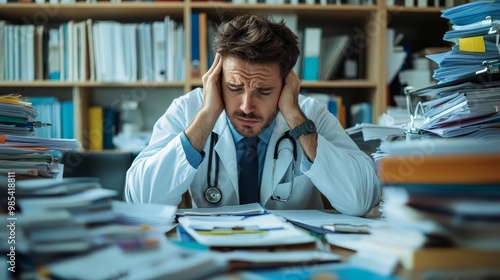 Obraz na płótnie Overworked doctor at a cluttered desk filled with medical files, Duty Overdue Work, Healthcare Worker Stress w salonie