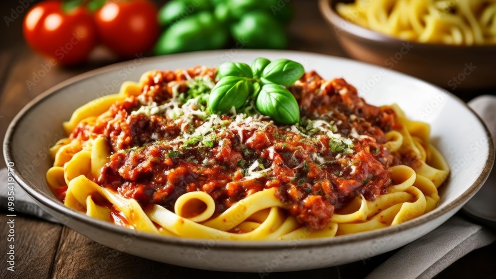 Delicious pasta dish with a vibrant red sauce fresh basil and grated cheese Delicious pasta dish with a vibrant red sauce fresh basil and grated cheese