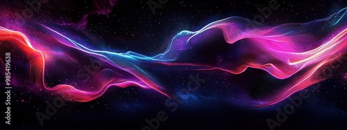 Abstract, flowing energy waves, vibrant neon colors, pink and blue light trails, cosmic background, black space, ethereal glow, dynamic motion, smooth curves, digital art, futuristic, luminous, seamle photo