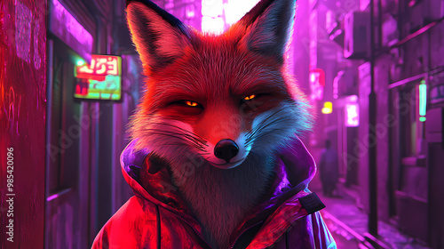 Anthropomorphic fox wearing urban streetwear sly expression neonlit city alleyway backdrop style merging animal and human aesthetics in vibrant colors. Streetwear. Illustration photo