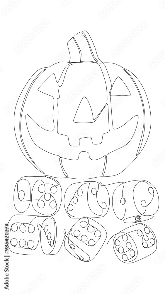 One continuous line of Halloween Jack O' Lantern pumpkin with dice. Thin Line Illustration vector concept. Contour Drawing Creative ideas. One continuous line of Halloween Jack O' Lantern pumpkin with dice. Thin Line Illustration vector concept. Contour Drawing Creative ideas.