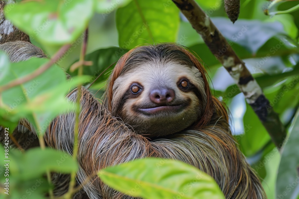 Sloth with brown coat, white spots in verdant tree with rich green leaves. Sloth head tilted, eyes open, giving relaxed demeanor. Tree branches extend outwards, creating canopy for safety, seclusion. Sloth with brown coat, white spots in verdant tree with rich green leaves. Sloth head tilted, eyes open, giving relaxed demeanor. Tree branches extend outwards, creating canopy for safety, seclusion.