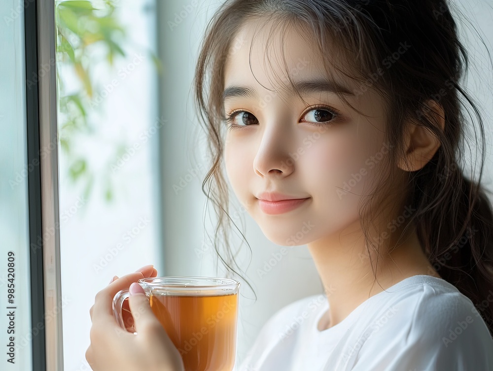 Young Asian Woman Holding a Cup of Tea with a Cute Expression by a Window