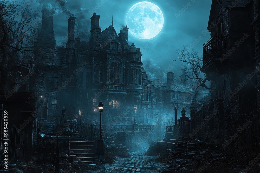 A dark, eerie cityscape with a large, glowing moon in the sky A dark, eerie cityscape with a large, glowing moon in the sky