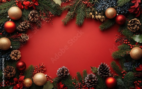 Festive red background adorned with a wreath of pine cones, holly, and Christmas ornaments, perfect for holiday celebrations and seasonal decorations.