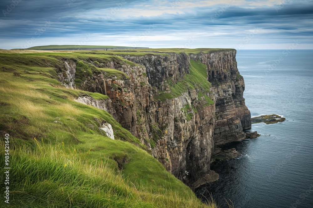 Mountain cliff with green grass and rocky terrain, overlooking blue ocean and sea. Scenic coastal landscape with high peak and bay. Waves crash against shore, surrounded by cloud and sky. Mountain cliff with green grass and rocky terrain, overlooking blue ocean and sea. Scenic coastal landscape with high peak and bay. Waves crash against shore, surrounded by cloud and sky.