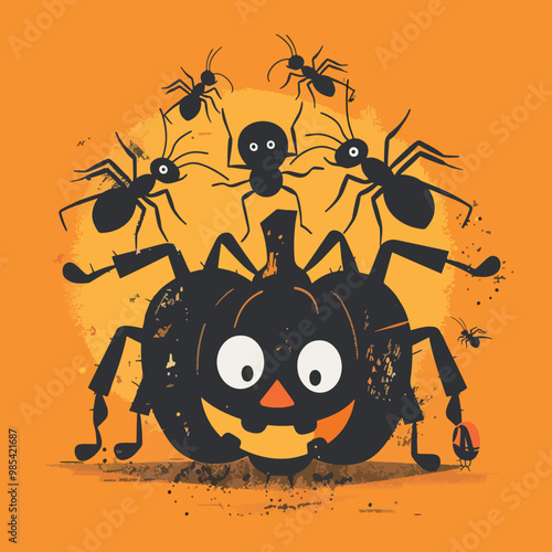  Flat lay Vector Illustration Halloween concept with ants, Happy Halloween