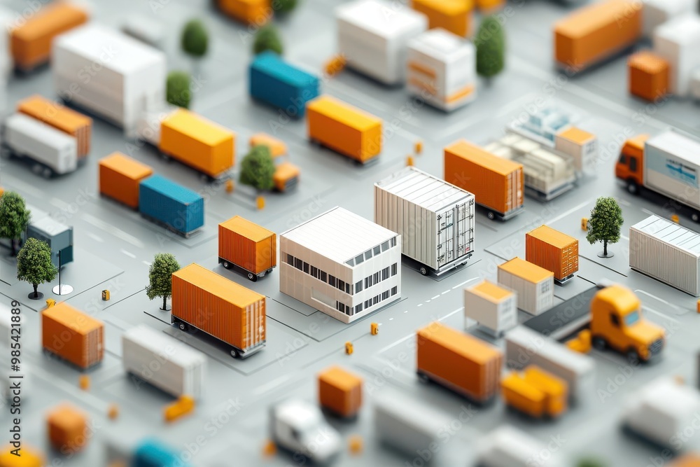 Obraz premium Aerial view of a logistics hub featuring trucks and containers in an organized layout, showcasing modern transportation methods.