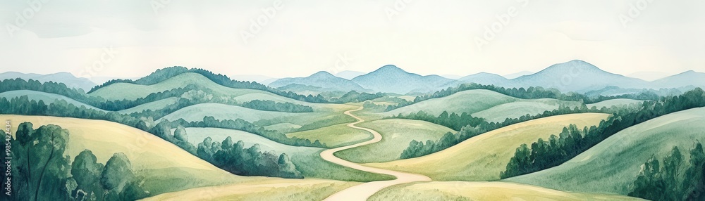 A serene landscape featuring rolling hills, winding paths, and distant mountains, perfect for evoking tranquility and nature's beauty. A serene landscape featuring rolling hills, winding paths, and distant mountains, perfect for evoking tranquility and nature's beauty.