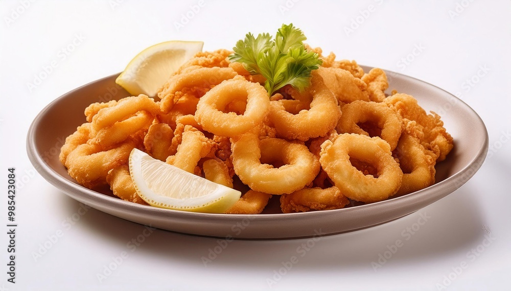 Spanish Food, Calamares a la Romana on white background isolated. Spanish Food, Calamares a la Romana on white background isolated.