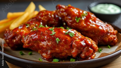  Mouthwatering BBQ wings with a side of crispy fries and creamy sauce