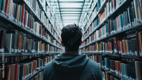 A person stands alone, facing rows of books in a modern library, surrounded by shelves filled with colorful book spines under a glass ceiling.