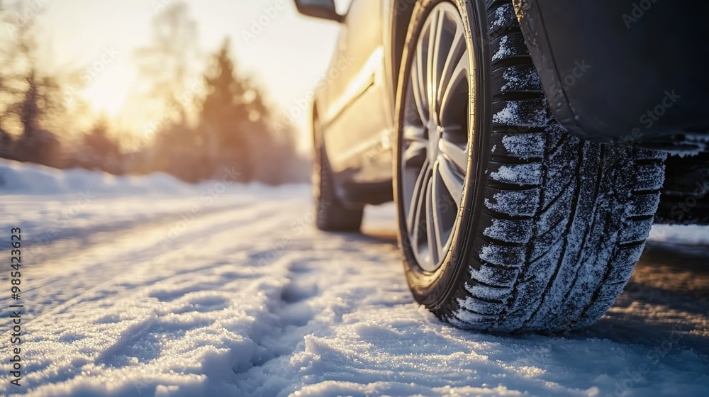 Close-up of winter tires on a car, with a snowy road in the background
Close-up of winter tires on a car, with a snowy road in the background