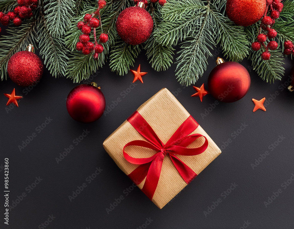 New year gifts on knitted background with christmas tree and toys New year gifts on knitted background with christmas tree and toys