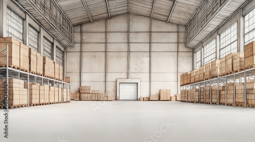 A spacious warehouse interior featuring organized shelves and stacked boxes, ideal for storage and logistics imagery.