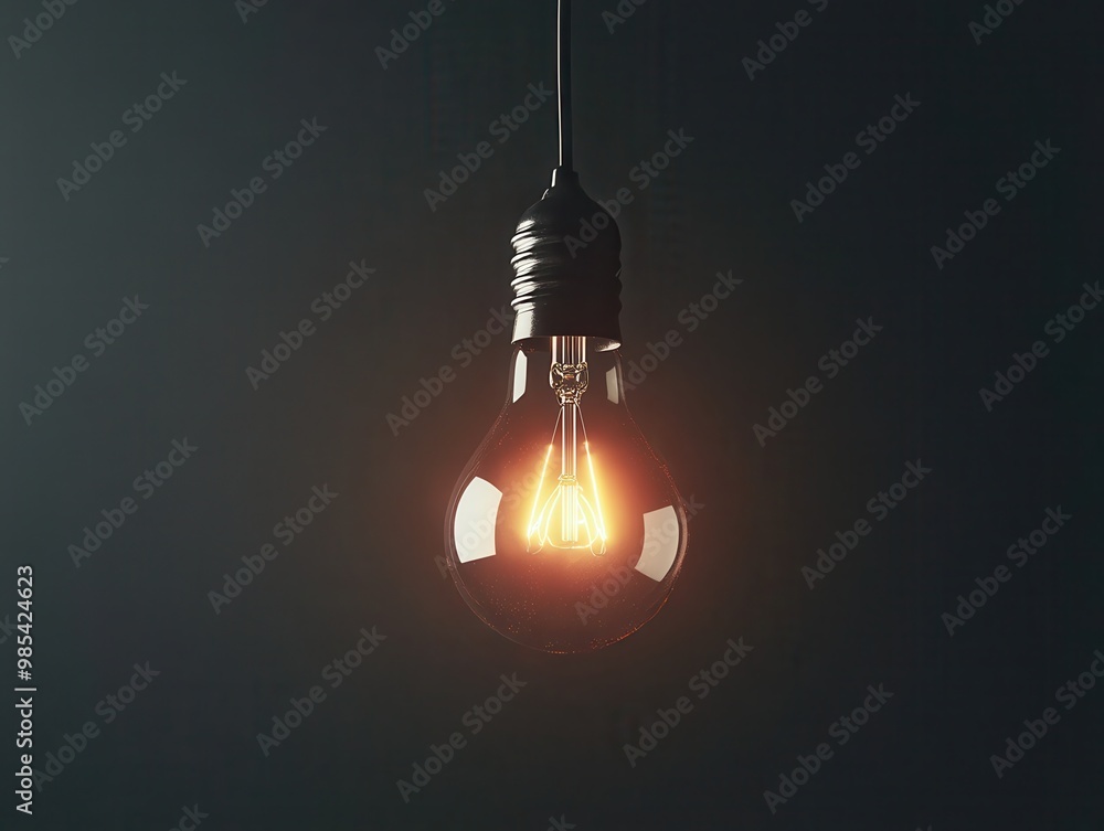 A glowing light bulb hangs against a dark background, showcasing its filament and minimalist design. A glowing light bulb hangs against a dark background, showcasing its filament and minimalist design.
