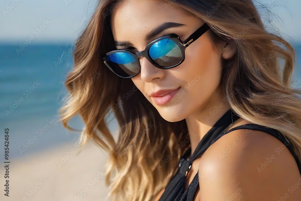Trendy Young Woman Enjoying Sunrise at Beach Trendy Young Woman Enjoying Sunrise at Beach