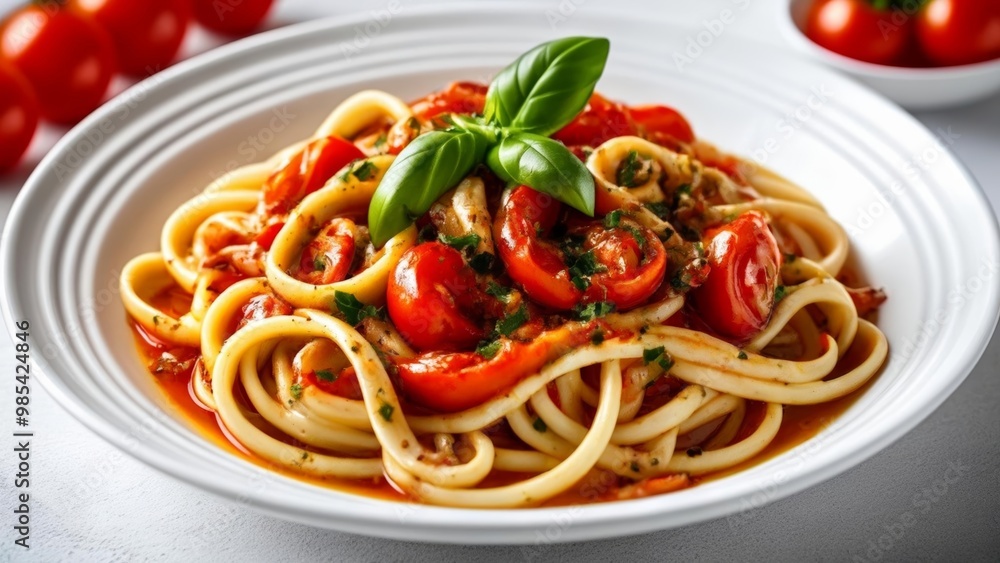 Delicious pasta dish with vibrant red tomatoes and fresh basil Delicious pasta dish with vibrant red tomatoes and fresh basil
