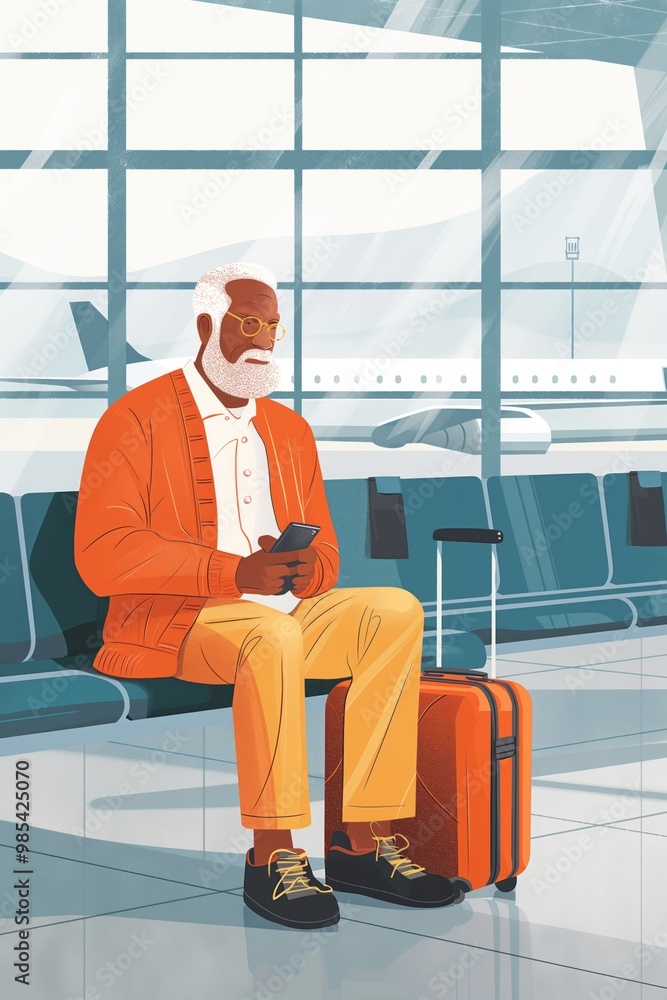 Mixed ethnic senior man sits on blue bench in airport terminal, engrossed in smartphone. Vibrant orange jacket, yellow pants contrast with cool tones of surroundings. Luggage rests beside, including Mixed ethnic senior man sits on blue bench in airport terminal, engrossed in smartphone. Vibrant orange jacket, yellow pants contrast with cool tones of surroundings. Luggage rests beside, including