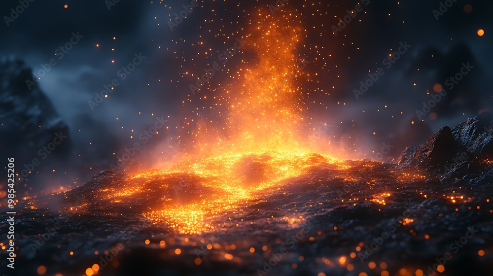 Eruption of a fiery volcano with glowing lava and sparks against a dark, smoky sky. Eruption of a fiery volcano with glowing lava and sparks against a dark, smoky sky.