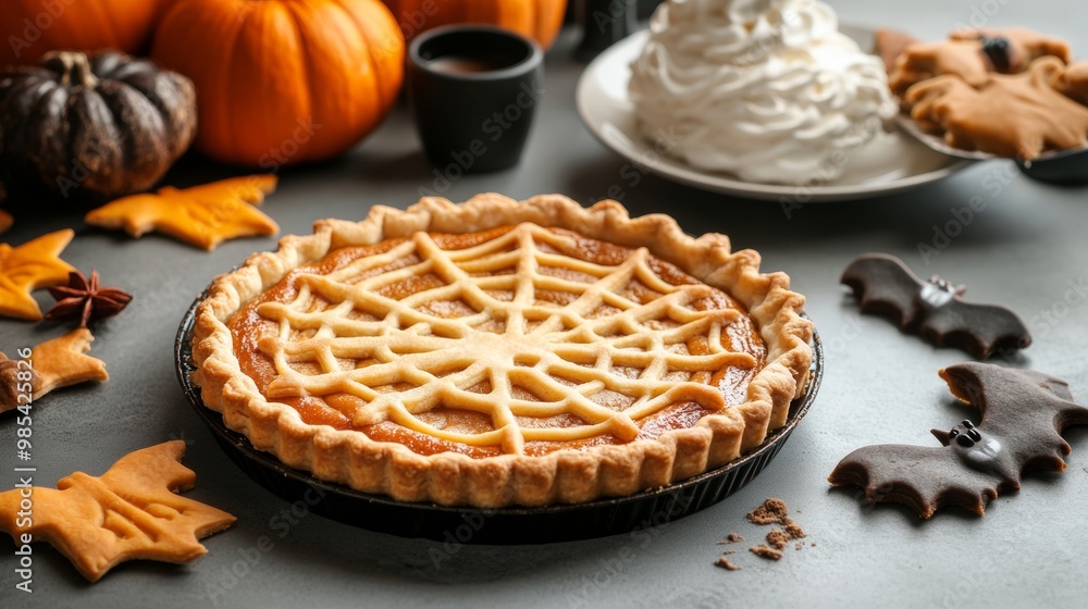 American pumpkin pie with a spooky spider-web crust design American pumpkin pie with a spooky spider-web crust design
