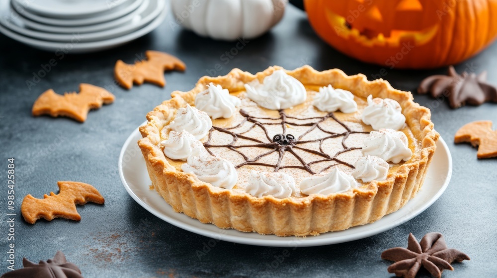 American pumpkin pie with a spooky spider-web crust design American pumpkin pie with a spooky spider-web crust design