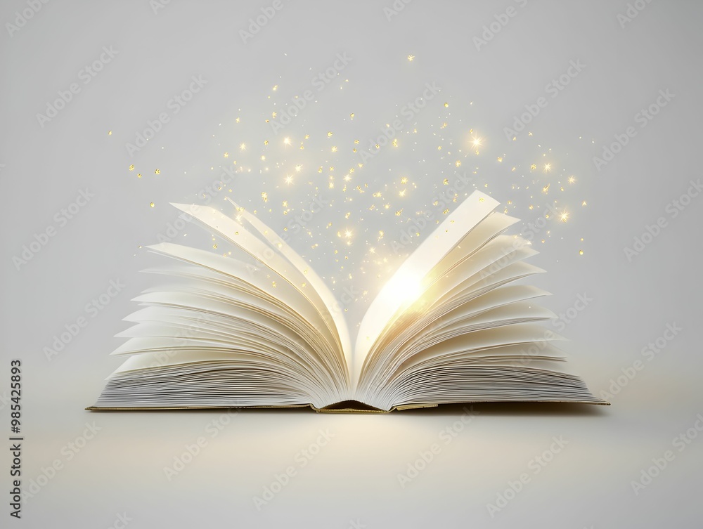 A book is open to a page with a bright light shining on it A book is open to a page with a bright light shining on it