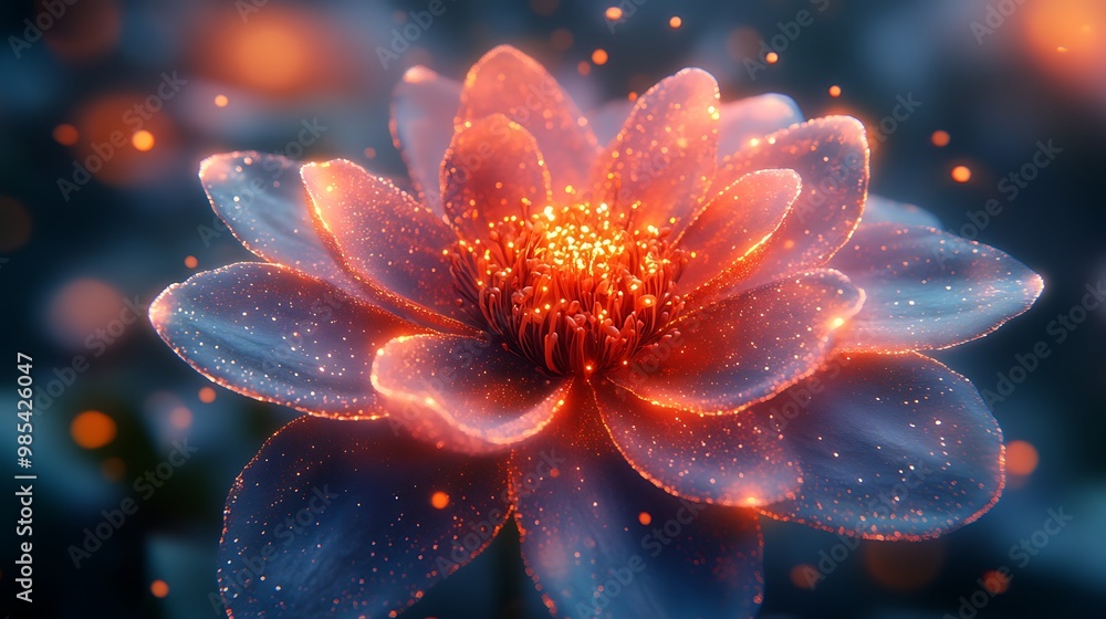 A glowing, ethereal lotus flower with a delicate, almost translucent texture, surrounded by shimmering particles in a deep blue background. A glowing, ethereal lotus flower with a delicate, almost translucent texture, surrounded by shimmering particles in a deep blue background.