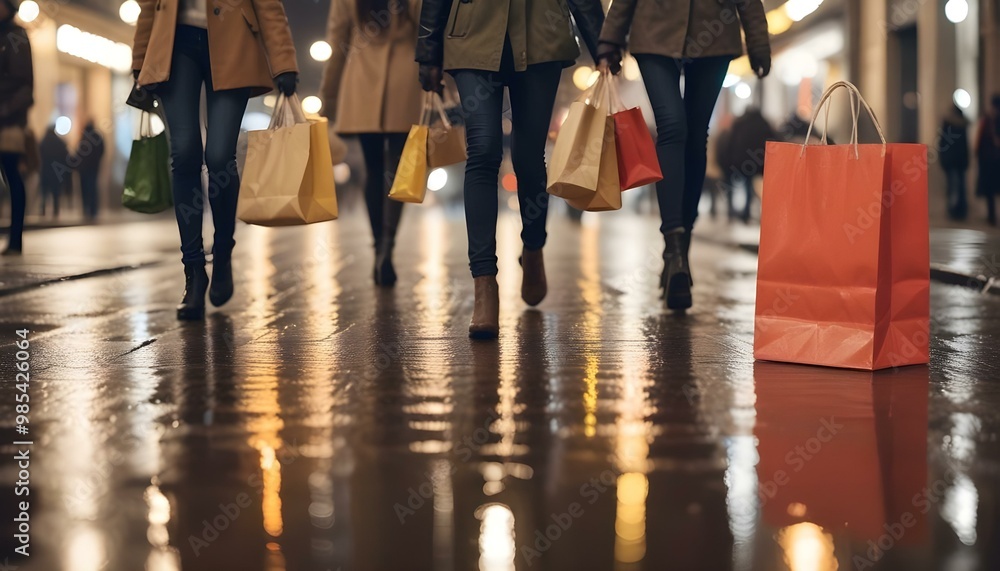 Fototapeta premium A group of shopping bags on a wet city street at night, with blurred lights and people in the background.
