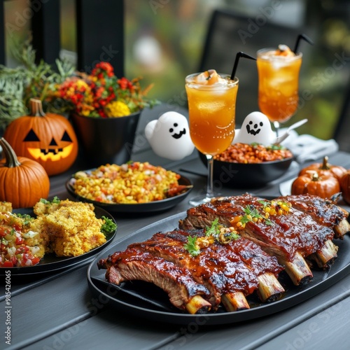 An eerie American BBQ feast with bat-shaped ribs pumpkin-spiced cornbread photo