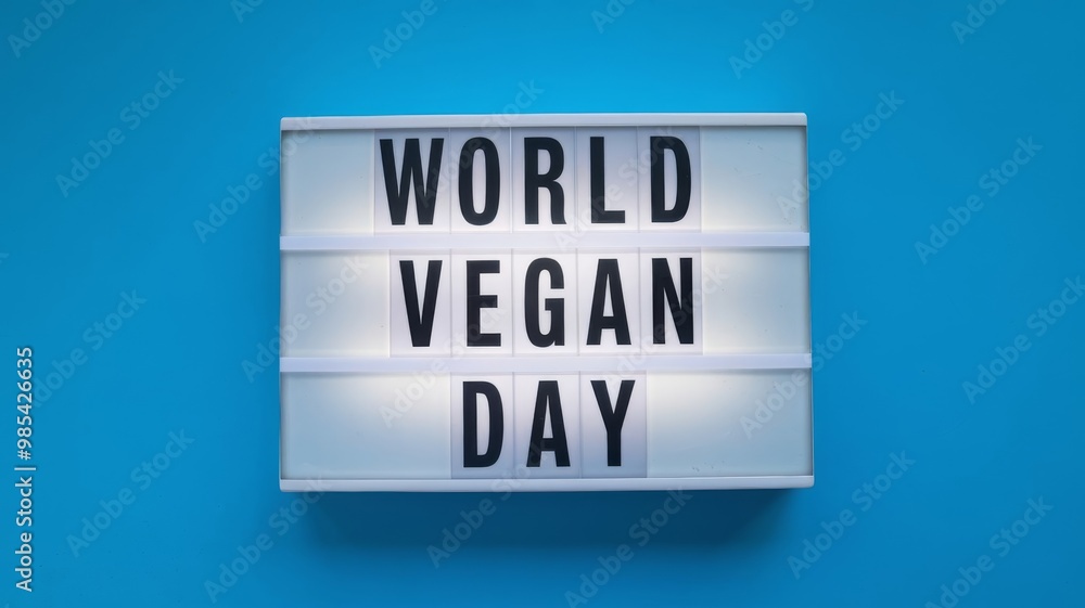 World Vegan Day message displayed in light box on bright flat lay background World Vegan Day message displayed in light box on bright flat lay background