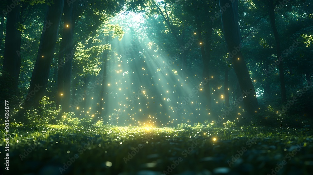 Sunbeams pierce through the dense canopy of a lush green forest, illuminating a path of shimmering fireflies. Sunbeams pierce through the dense canopy of a lush green forest, illuminating a path of shimmering fireflies.