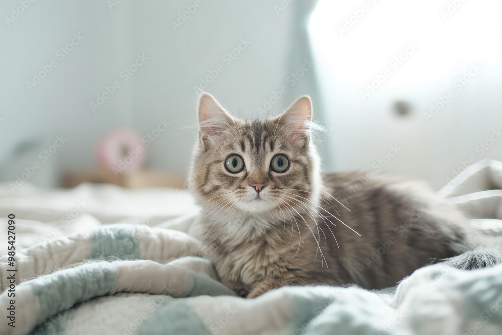 Grey tabby cat sits on a bed in a home interior, surrounded by furniture. The cat fluffy fur is visible as it relaxes on the striped plaid bedchamber. Grey tabby cat sits on a bed in a home interior, surrounded by furniture. The cat fluffy fur is visible as it relaxes on the striped plaid bedchamber.