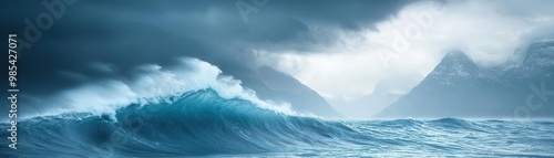 Stormy waves crashing into a mountain range shaped like Earth, dramatic environmental impact, surreal landscape, vibrant natural textures