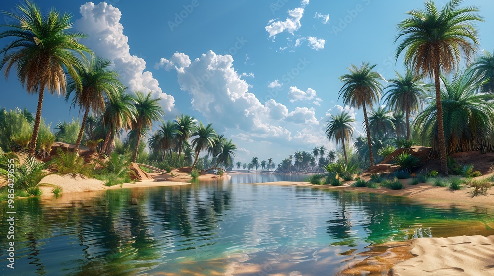 Peaceful desert oasis with a small pond surrounded by palm trees soft sand dunes and a clear blue sky overhead Peaceful desert oasis with a small pond surrounded by palm trees soft sand dunes and a clear blue sky overhead