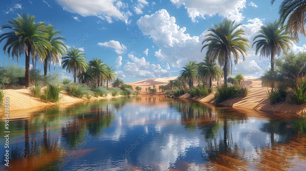 Peaceful desert oasis with a small pond surrounded by palm trees soft sand dunes and a clear blue sky overhead Peaceful desert oasis with a small pond surrounded by palm trees soft sand dunes and a clear blue sky overhead