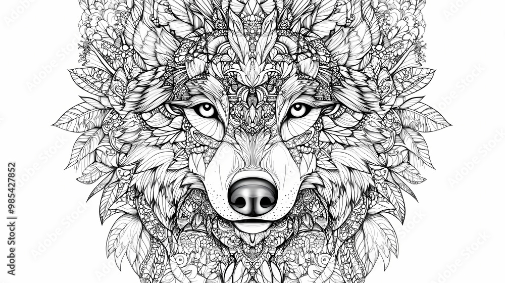 Fototapeta premium Black and white line art of a detailed wolf mandala suitable for coloring books. Mandala. Illustration