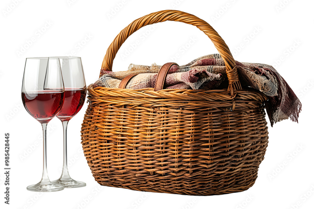 A cozy basket containing two elegant wine glasses and a soft blanket, perfect for a picnic or romantic evening. A cozy basket containing two elegant wine glasses and a soft blanket, perfect for a picnic or romantic evening.